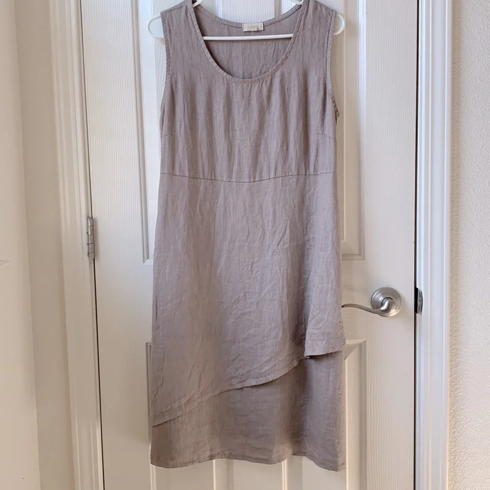 Ambra 100% Linen asymmetrical hem sleeveless scoop neck dress beige Large